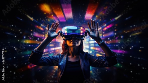 a young woman wearing new revolutionary gaming technology - virtual or augmented reality glasses, studio portrait with magenta and cyan neon lights, dark background, copy space for text