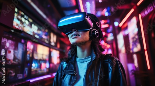 Young woman wearing VR goggles immersed in cyberspace interacts with objects in virtual reality through gesture control. AR augmented and mixed reality technology concept.
