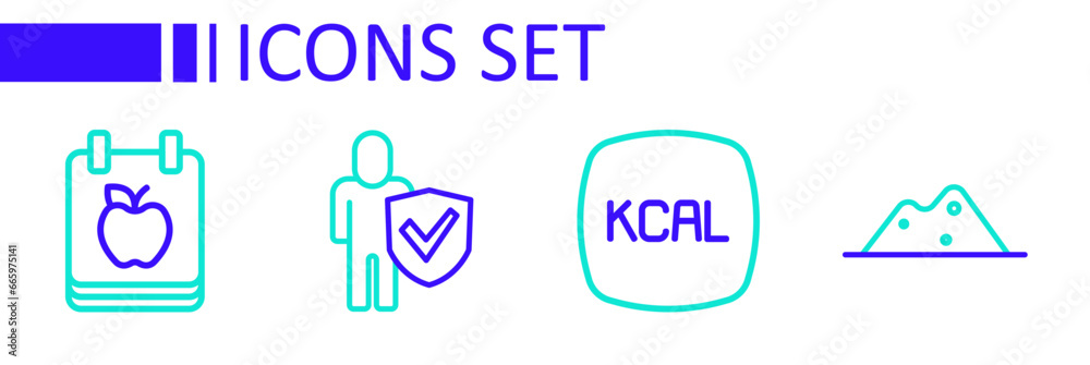 Set line Salt, Kcal, Healthy lifestyle and Diet plan icon. Vector