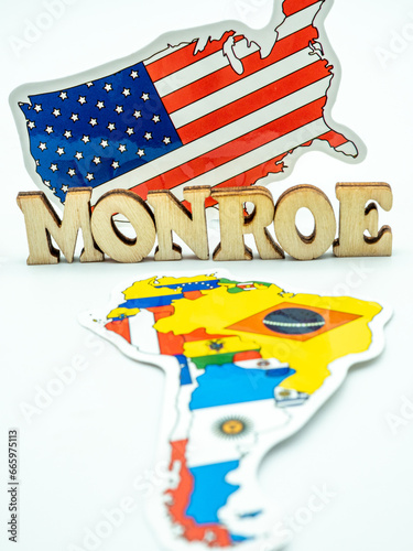 us flag and map of south america in the foreground, american monroe doctrine concept