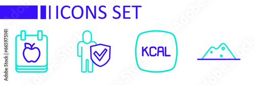 Set line Salt, Kcal, Healthy lifestyle and Diet plan icon. Vector