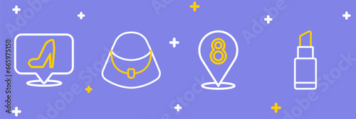 Set line Lipstick, 8 March, Handbag and Woman shoe icon. Vector