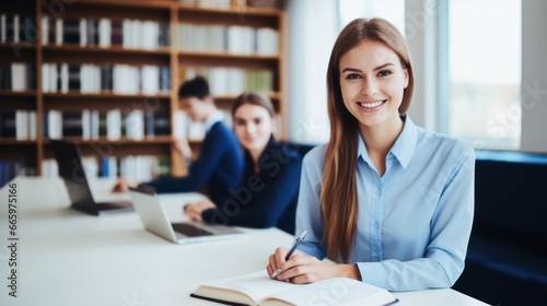 Beautiful young women student studying in library 