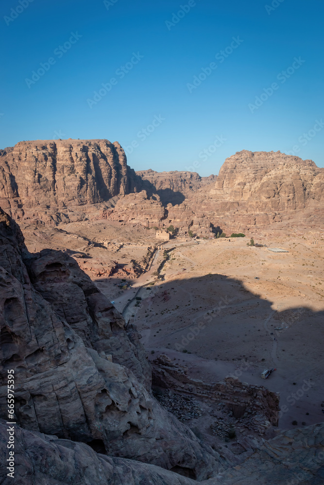 Scenic view of Colonnaded Street, Great Temple and Qasr al-Bint in the historic and archaeological city of Petra, Jordan from above