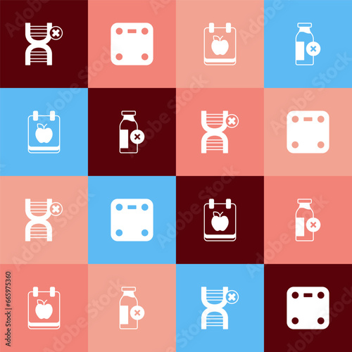 Set pop art No GMO, Bathroom scales, Diet plan and Lactose intolerance icon. Vector