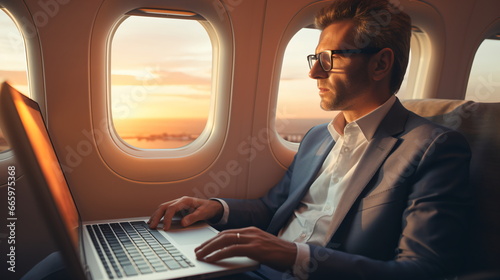 Middle-aged White Male Businessman Working on an Airplane