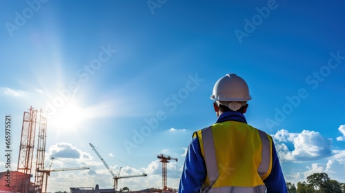 Back view of construction engineer in standard safety looking at the building in the construction site