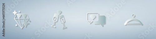 Set Diamond, Glass of champagne, Heart in speech bubble and Hanger wardrobe. Paper art style. Vector