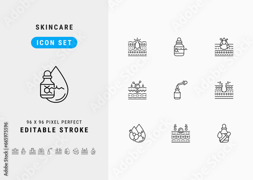 Skincare Includes Retinol, Hyaluronic Acid, Collagen, Serum and Pore Tighten. Line Icons Set. Editable Stroke Vector Stock. 96 x 96 Pixel Perfect.