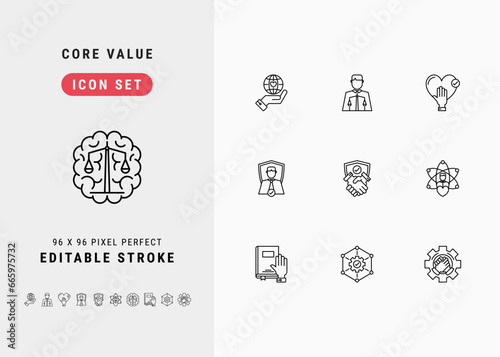 Core Value Includes Social Responsibility, Ethics, Honesty, Integrity and Commitment. Line Icons Set. Editable Stroke Vector Stock. 96 x 96 Pixel Perfect.