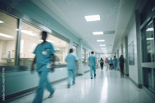 vue en contre-plongée d'un couloir d’hôpital très fréquenté où le personnel médical se croise avec des effets de flou de mouvement photo