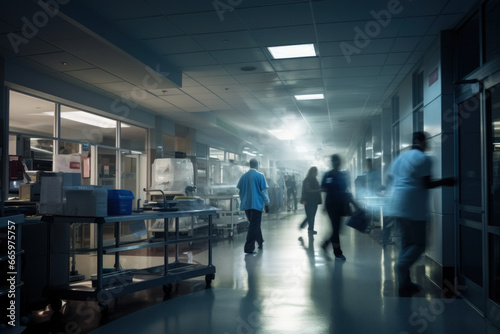 vue en contre-plongée d'un couloir d’hôpital très fréquenté où le personnel médical se croise avec des effets de flou de mouvement