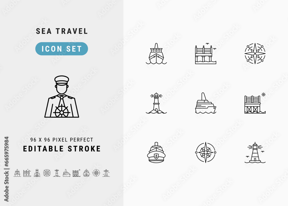 Sea Travel Includes Cruise Liner, Pier, Ship Captain, Wind Rose and Lighthouse. Line Icons Set. Editable Stroke Vector Stock. 96 x 96 Pixel Perfect. Sea Travel Includes Cruise Liner, Pier, Ship Captain, Wind Rose and Lighthouse. Line Icons Set. Editable Stroke Vector Stock. 96 x 96 Pixel Perfect.