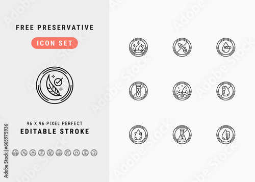 Free Preservative Formula Includes Anti Dandruff, No Artificial Color, Ph Balance, Paraben Free and Hypoallergenic. Line Icons Set. Editable Stroke Vector Stock. 96 x 96 Pixel Perfect.
