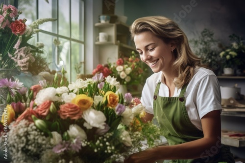  florist making bouquet ,smiling florist woman making bunch at flower shop,Generative Ai © suthiwan