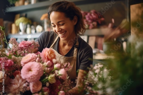  florist making bouquet ,smiling florist woman making bunch at flower shop,Generative Ai © suthiwan