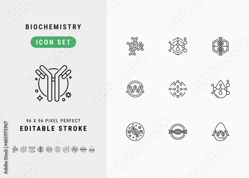 Biochemistry Includes Peptide, Amino Acid, Antibody, Gene and Protein. Line Icons Set. Editable Stroke Vector Stock. 96 x 96 Pixel Perfect.
