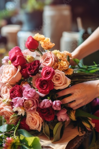  florist making bouquet  smiling florist woman making bunch at flower shop Generative Ai