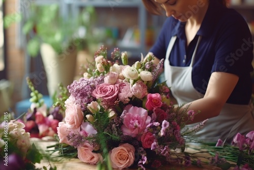  florist making bouquet  smiling florist woman making bunch at flower shop Generative Ai