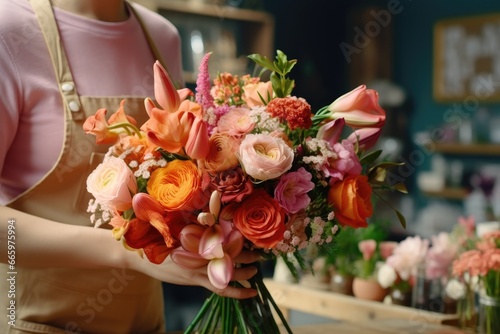  florist making bouquet  smiling florist woman making bunch at flower shop Generative Ai
