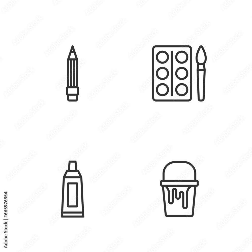 Set line Paint bucket, Tube with paint palette, Pencil eraser and Watercolor paints box icon. Vector Set line Paint bucket, Tube with paint palette, Pencil eraser and Watercolor paints box icon. Vector