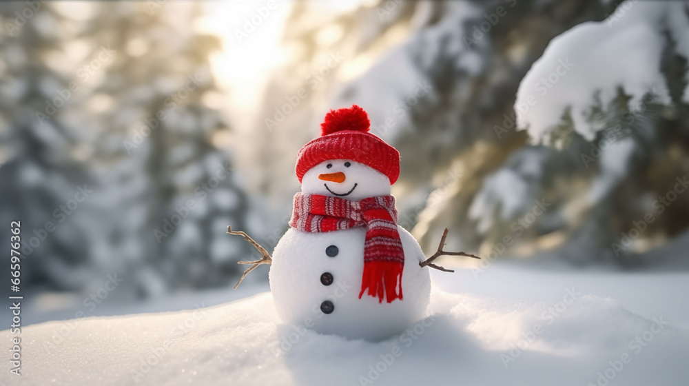 Obraz premium Christmas snowman wearing red hat, scarf and gloves winter background.