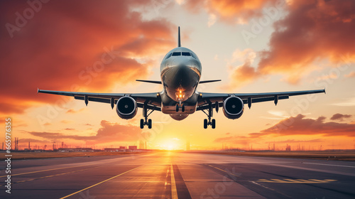 Passenger airplane taking off at sunset