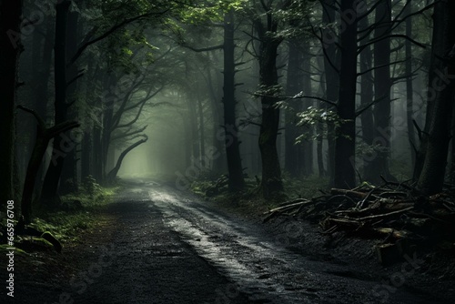 dark road through woods. Generative AI