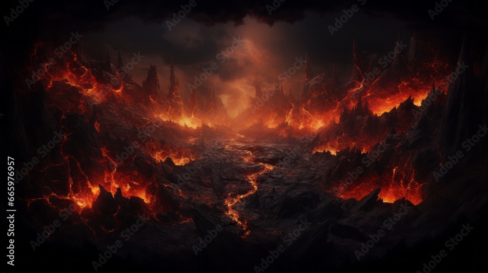 End of the world, the apocalypse, Armageddon. Lava flows flow across the planet, hell on earth, fantasy landscape inferno magma volcano