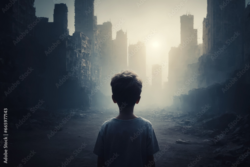 Solitary Child Facing Despair in Abandoned Middle Eastern Urban Landscape, AI Generated