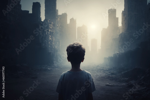 Solitary Child Facing Despair in Abandoned Middle Eastern Urban Landscape, AI Generated