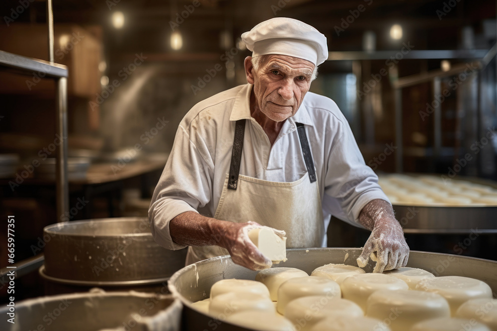 Photo of an elderly chef preparing cheese in a skillet. An elderly cheese farmer makes homemade cheese. Private cheese production.