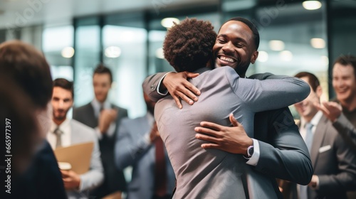 business people hugging, applauding together in business meeting