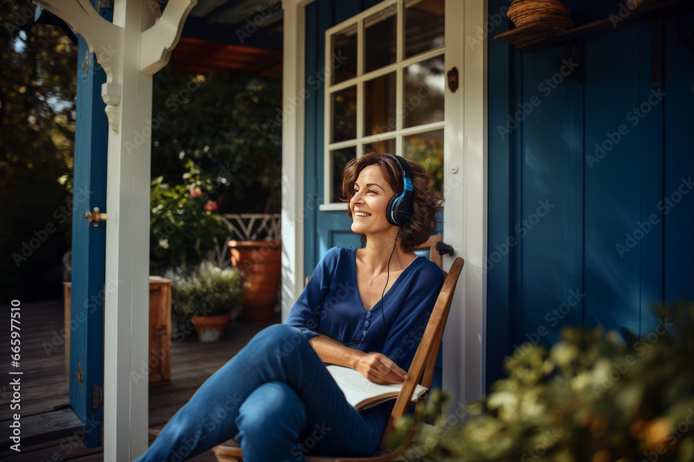 Charming Caucasian woman wearing headphones sits in comfortable chair in a country house. Happy smiling middle-aged lady listens to music and enjoys the silence of her garden. Leisure and relaxation.