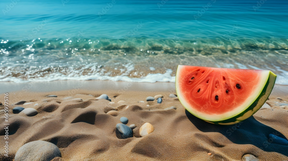 slices of fresh watermelon on the beach sand background slices of fresh watermelon on the beach sand background
