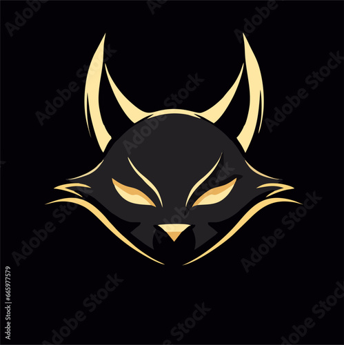silhouette of cat head with devilish accent, black and yellowish color. silhouette of cat head. Staring 
intently with batman accent