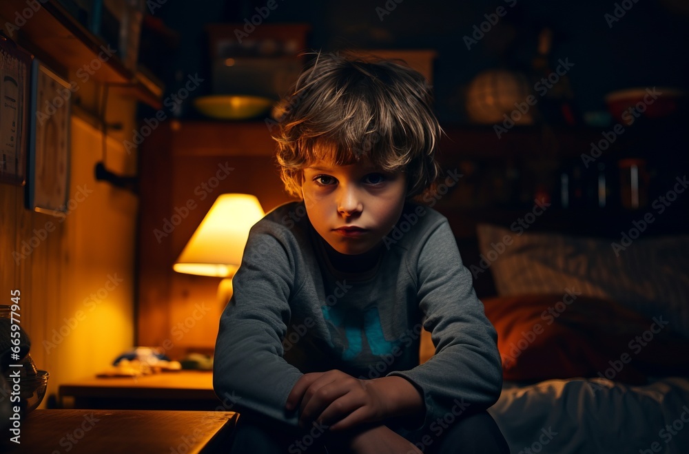 Scared 7 year old child sits in dimly lit room, exuding fear Scared 7 year old child sits in dimly lit room, exuding fear