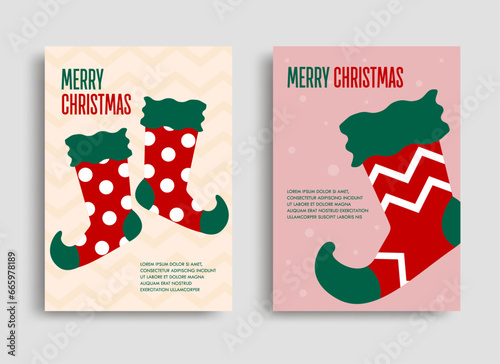 Illustration of Christmas stocking flyer with shadow on colorful background. Merry Christmas. Cute socks for the Christmas season.