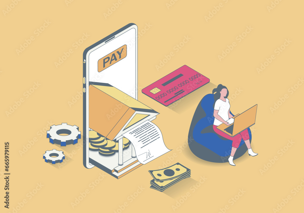 Online banking concept in 3d isometric design. Woman paying digital invoice, makes financial transactions and manages finances in app. Vector illustration with isometry people scene for web graphic - obrazy, fototapety, plakaty 