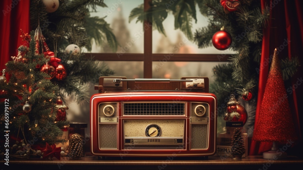 A vintage radio playing classic holiday tunes, surrounded by nostalgic Christmas decorations from years gone by. - obrazy, fototapety, plakaty 