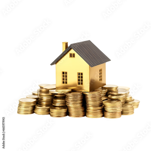 mini house with lot of gold coins isolated on transparent background