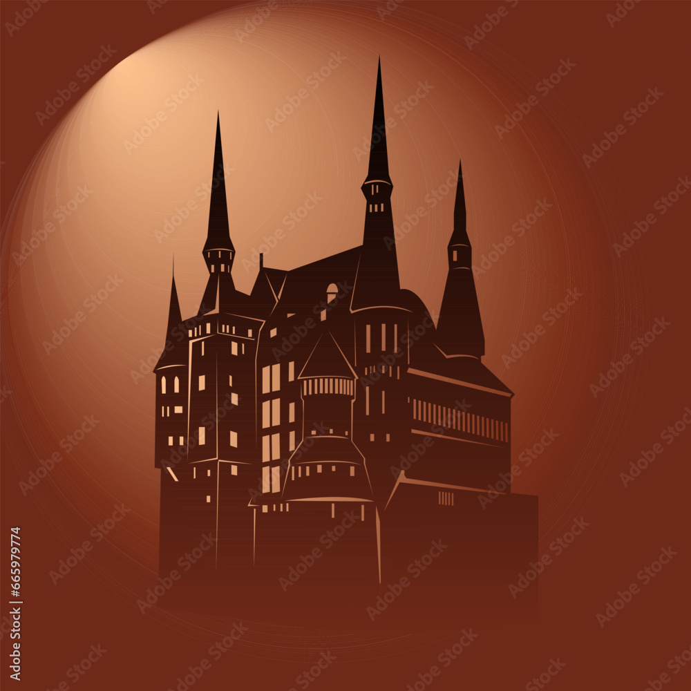 color vector illustration depicting an old castle in evening colors, for prints and for decorating scenes and interiors in vintage style