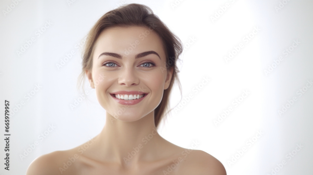 Radiant beauty concept: A captivating portrait of a young woman with flawless skin, beaming with joy, set against a pristine white backdrop. Radiant beauty concept: A captivating portrait of a young woman with flawless skin, beaming with joy, set against a pristine white backdrop.
