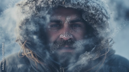 A portrait shot of a washed-out man standing in an icy winter snowstorm at minus 30 degrees and breathing steam.