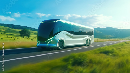 Autonomous electric bus of the future cruising an open highway, framed by the serene beauty of summer nature.
