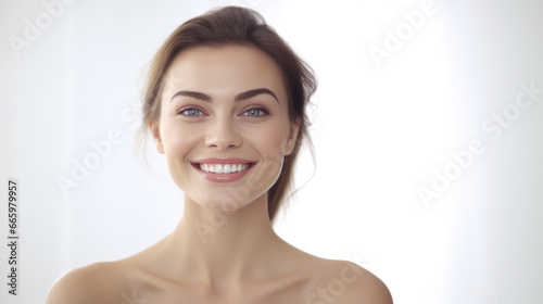 Radiant beauty concept  A captivating portrait of a young woman with flawless skin  beaming with joy  set against a pristine white backdrop.