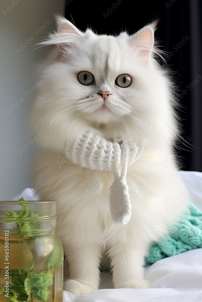 Beautiful white cat wrapped in a scarf.