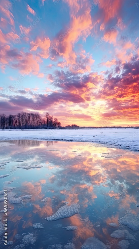 Beautiful clouds reflected in the lake during winter sunset.