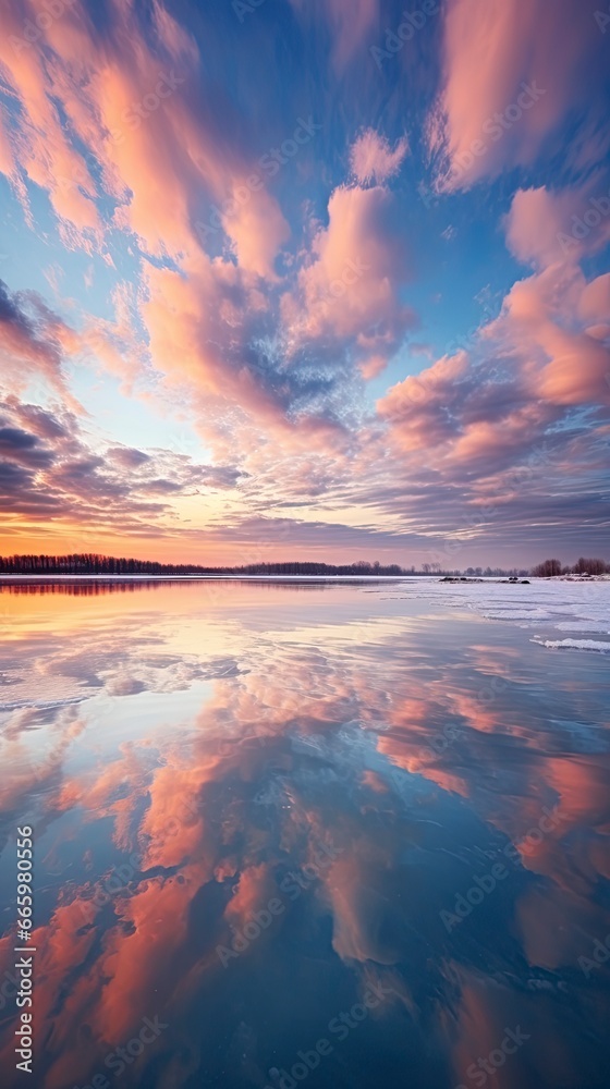 Beautiful clouds reflected in the lake during winter sunset.