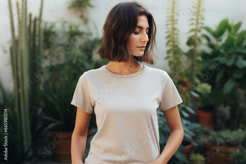 A Stylish Women's Beige T-shirt Mockup, Plants on Background, Perfect for Cozy Comfort and Fashion Forward Chicness